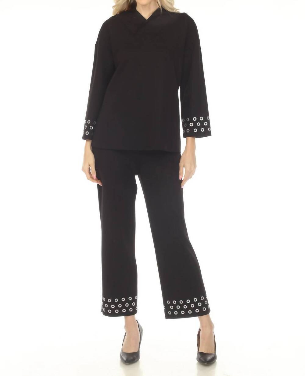 NEW JOSEPH RIBKOFF grommet detail three quarter sleeve top in black